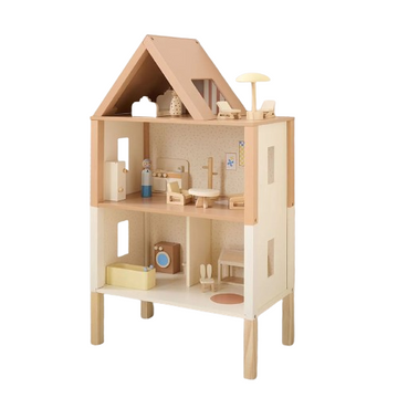 Maison de poupées en bois couleur miel avec un ensemble de 17 meubles - Beige